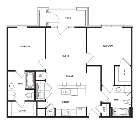 Floor plan for 2 beds, 2 baths, 919 sqft